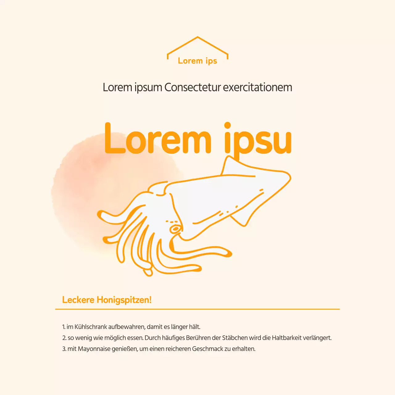 Einfacher quadratischer Feinkostaufkleber mit orangefarbener Illustration