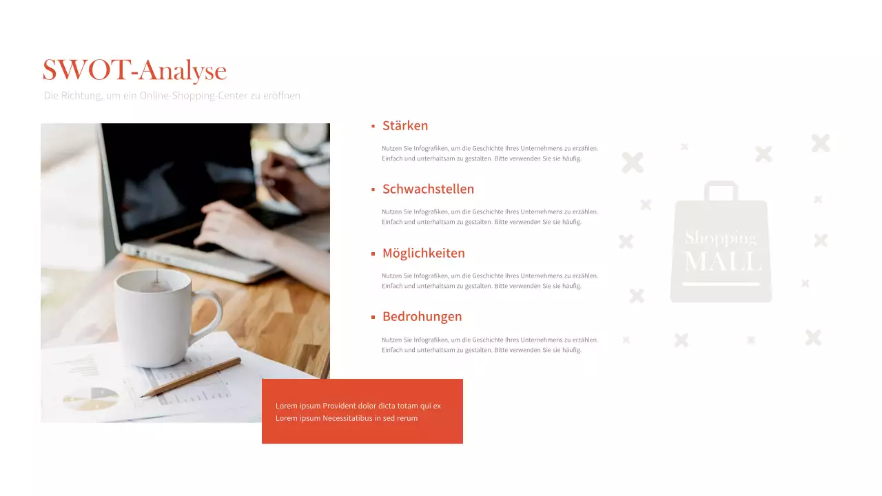 SWOT-Analyse-Diagramm mit Unternehmensfotos in Braun und Orange