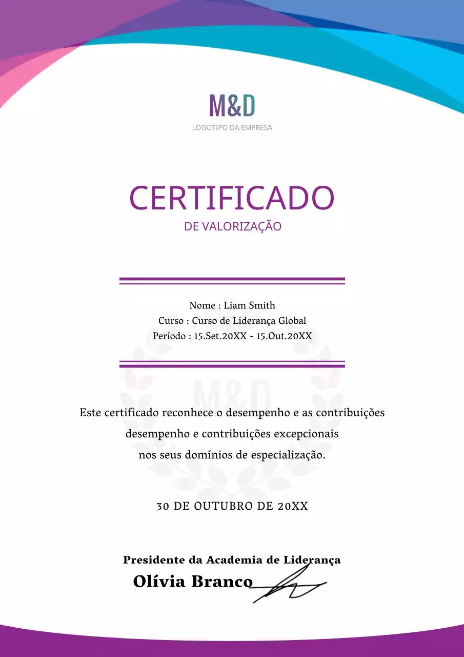 Certificado de formação empresarial simples com gradiente azul-púrpura