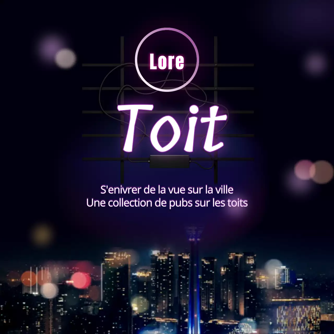 Une collection de pubs sur les toits avec des vues nocturnes sur les néons violets