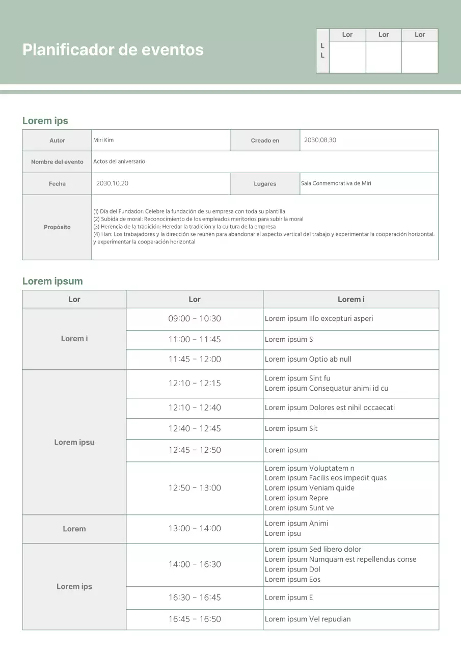 Un planificador de eventos ecológico, limpio y tabular