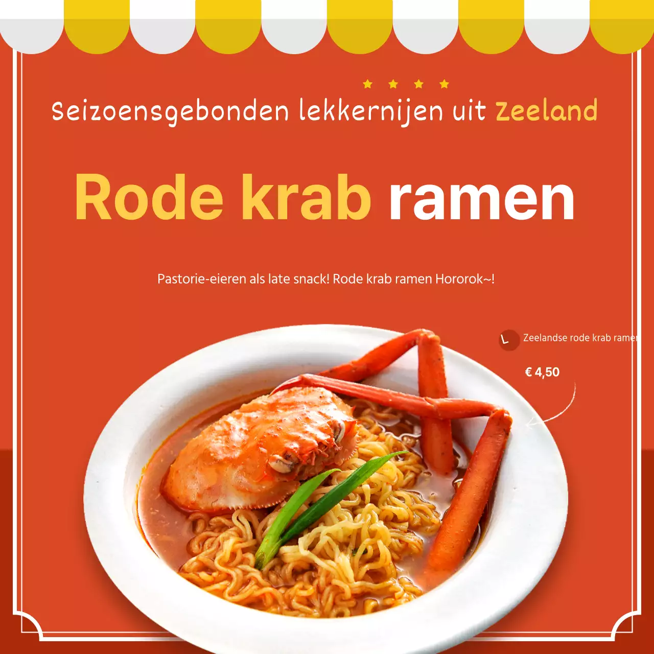 Oranje en gele witte nette rode krab ramen voedselgids