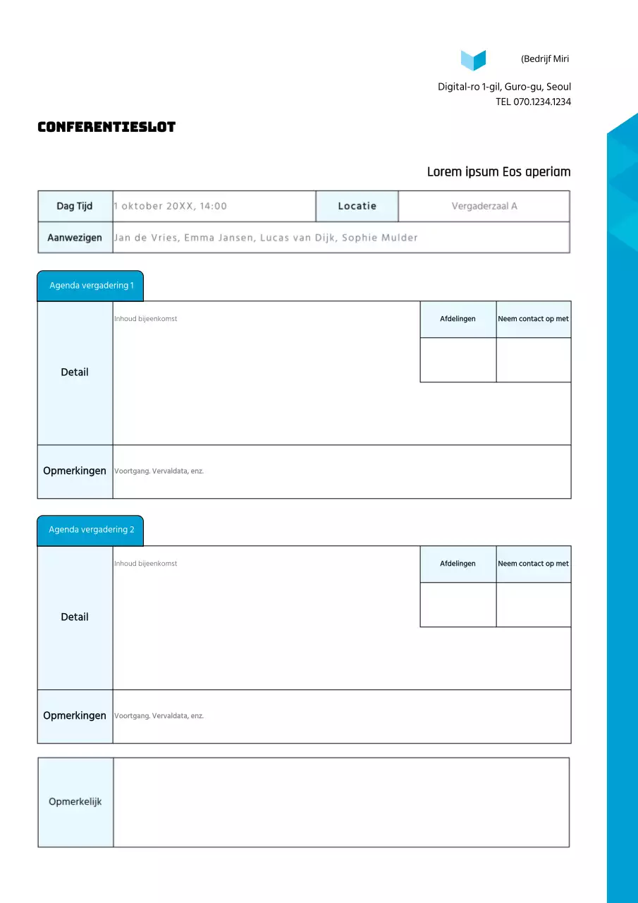 Documentopmaak notulen bedrijfsvergadering in lichtblauwe punten