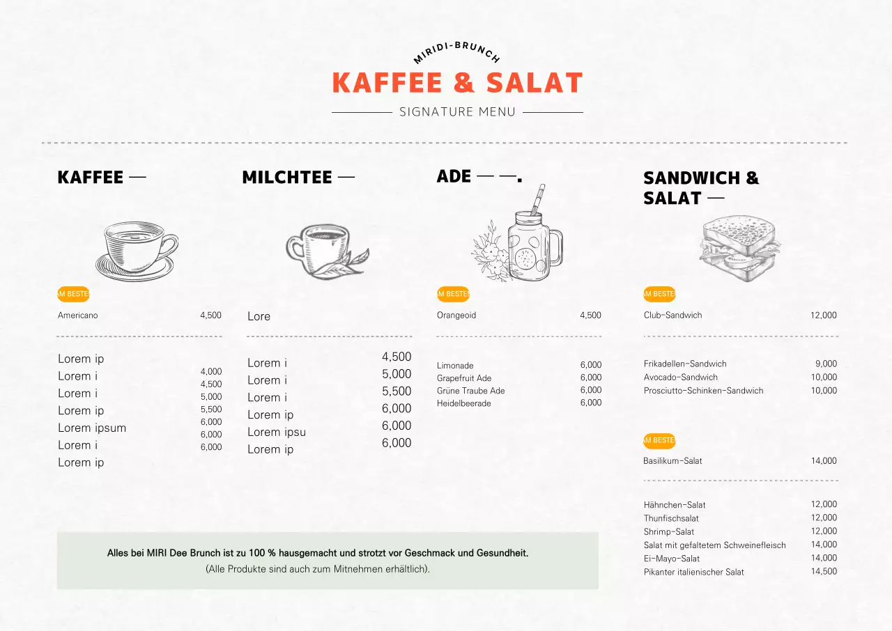 Vertikale Café-Brunch-Menütafel mit illustriertem orangefarbenem Konzept.