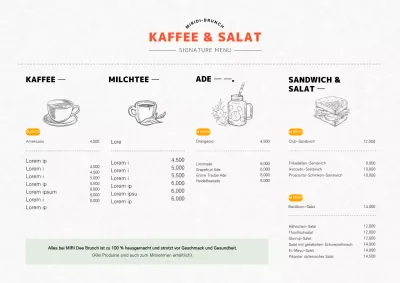 Vertikale Café-Brunch-Menütafel mit illustriertem orangefarbenem Konzept.