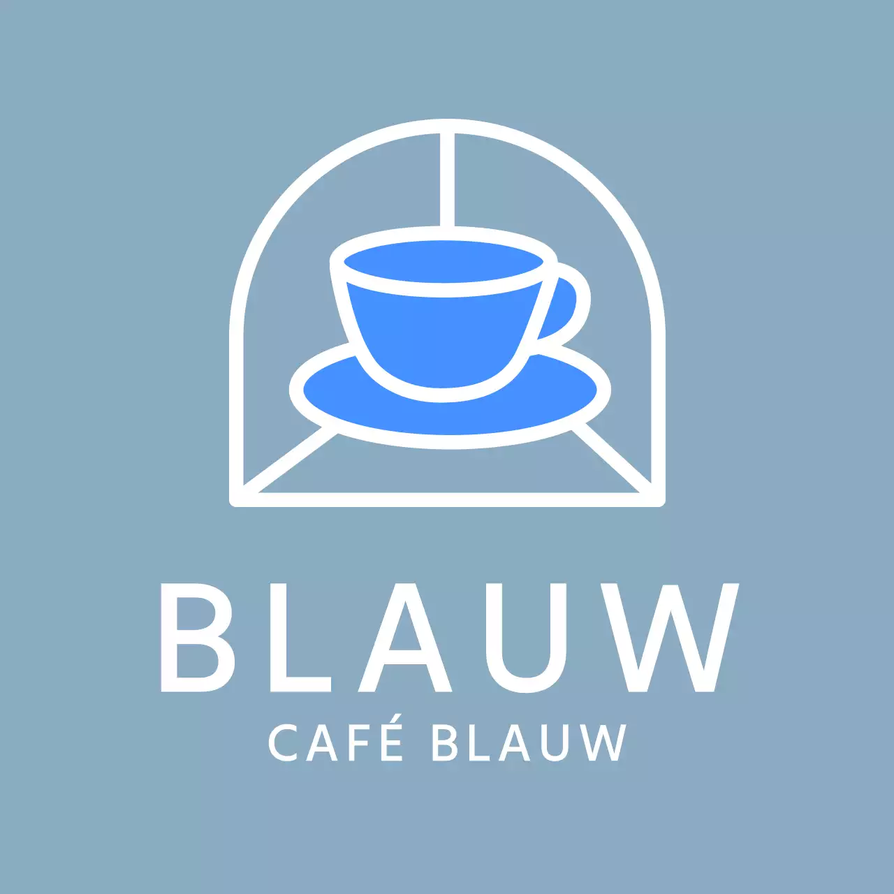 Het schortontwerp van het caféembleem met blauwe koffiekopillustratie