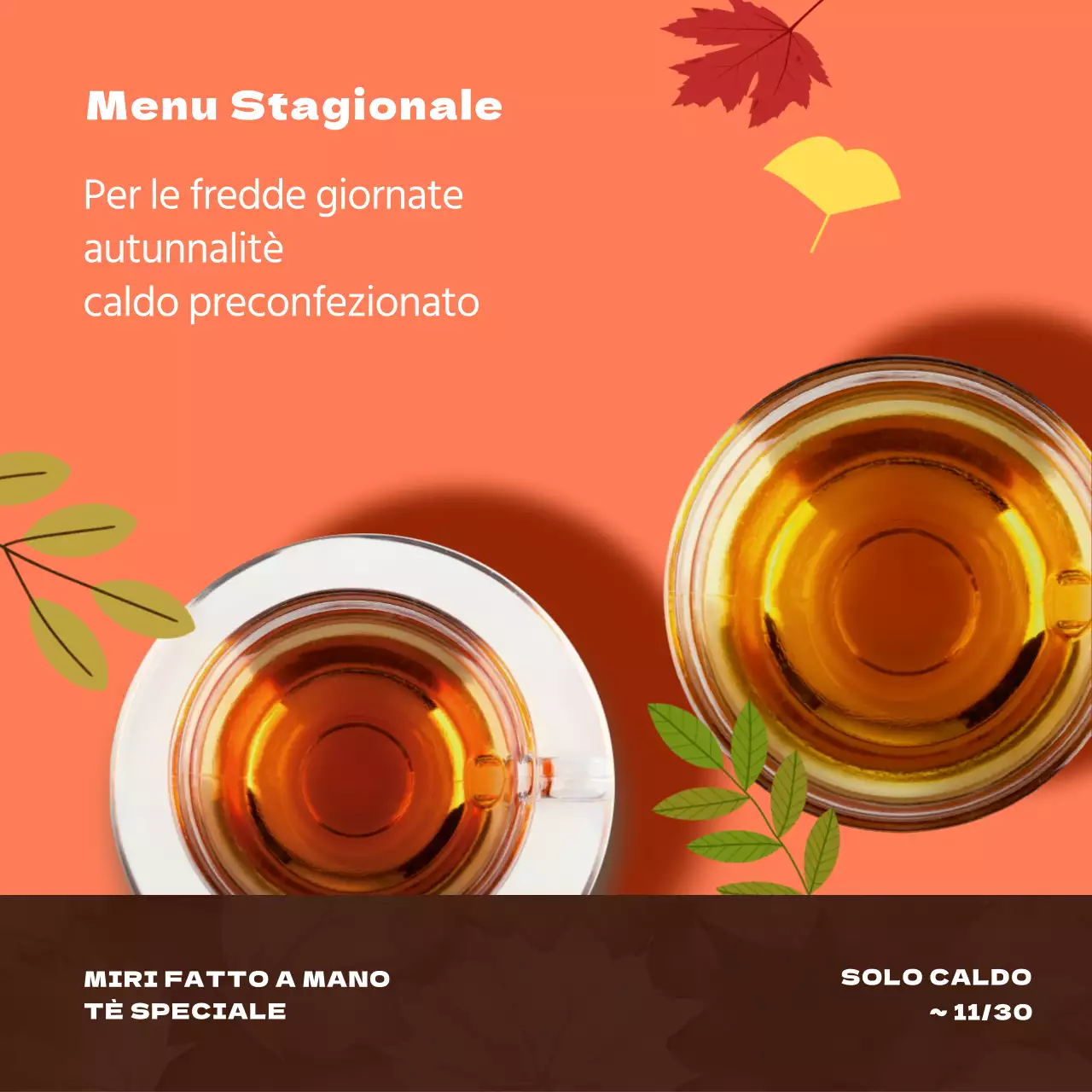 Promuovete il nuovo menu autunnale del vostro bar con una combinazione di colori arancione e marrone, moderna e semplice.