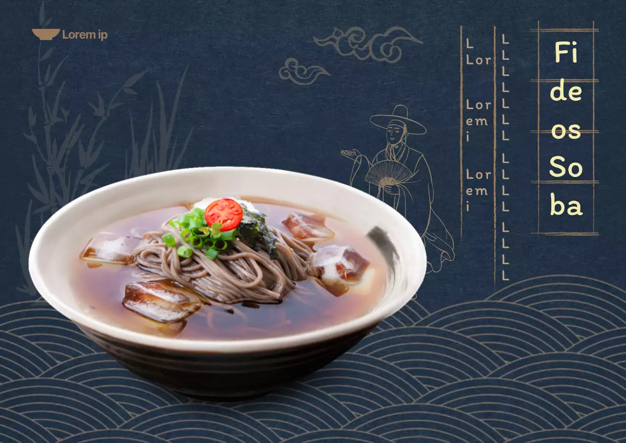 Menú de verano con fondo azul marino oscuro e ilustraciones orientales