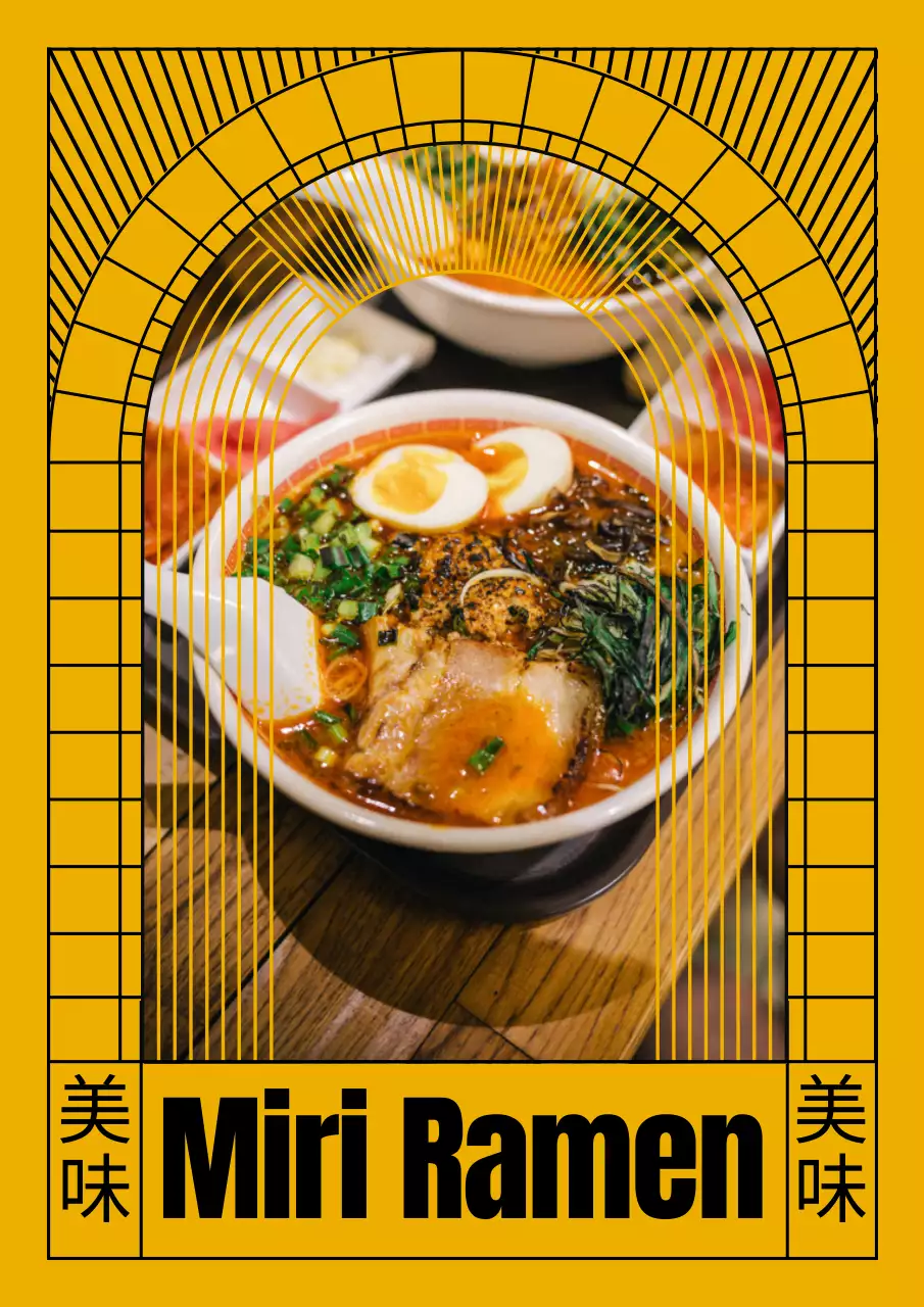 Cartaz de menu de restaurante de ramen com padrão oriental em amarelo e preto