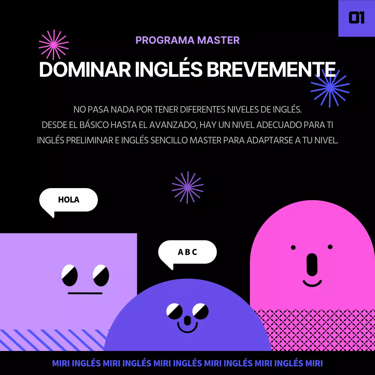 Programa de máster inglés en negro y púrpura