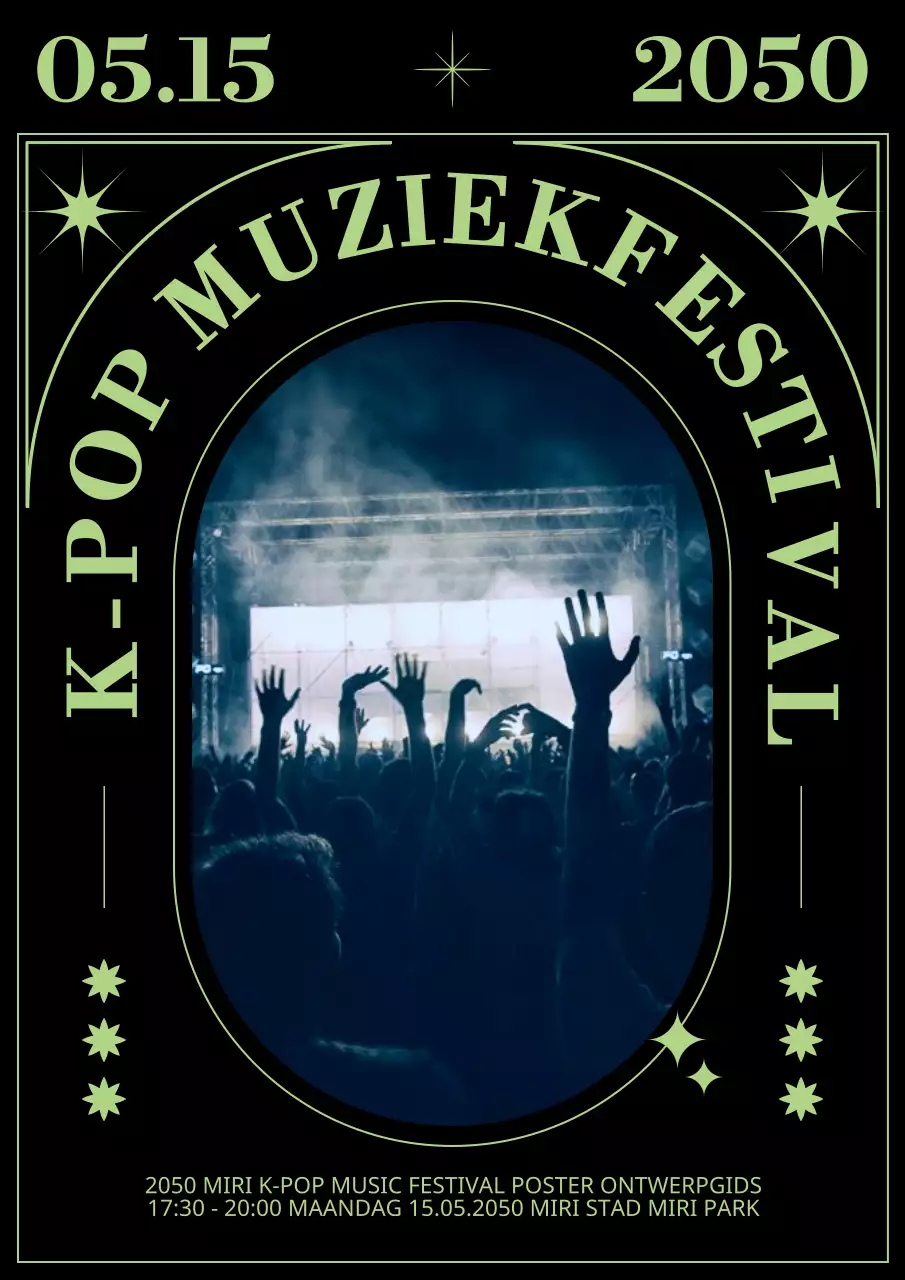 Rockmuziekfestival met sterren en strepen in een zwart en chartreuse thema