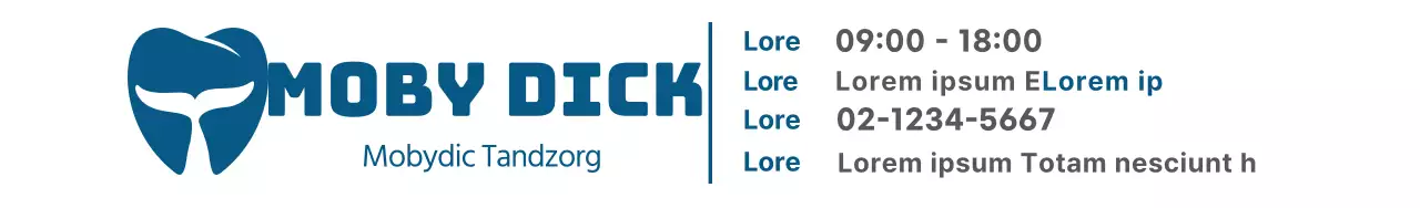 Eenvoudig ontwerp met donkerblauw tandartslogo, praktijknaam en praktijkgegevens