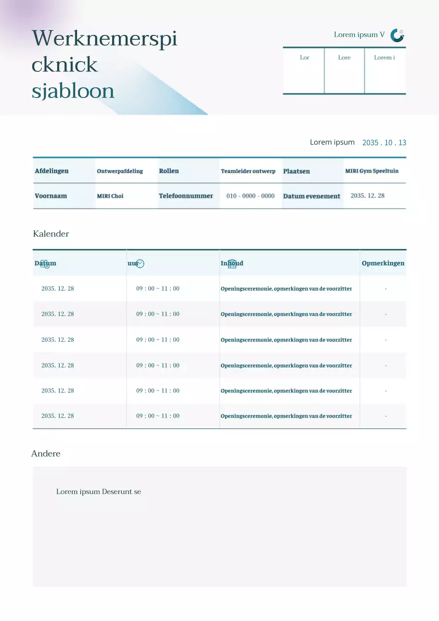 Lichtblauw, eenvoudig planningsdocument voor personeelspicknick in tabelvorm