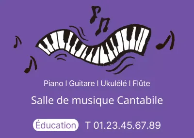 Illustration d'un piano violet pour la promotion d'une école de musique