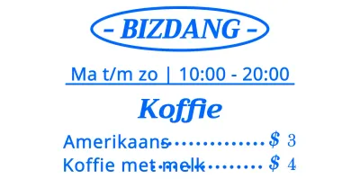 Eenvoudige, strakke lay-outstijl met uitgelijnde tekst in blauw en wit voor een menubord in een café voor informatie en promotie