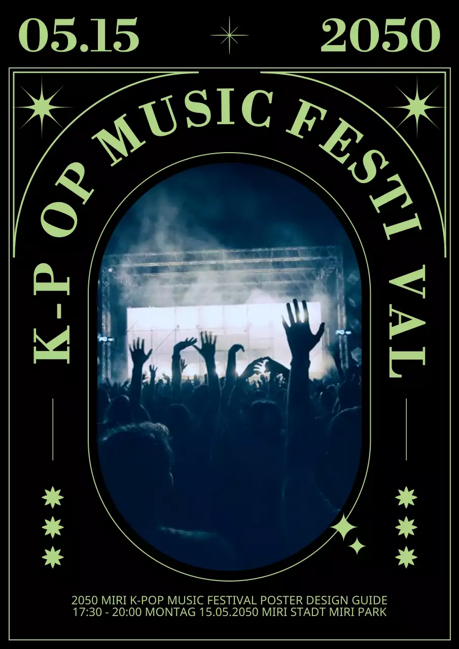 Rockmusikfestival mit Stars and Stripes in Schwarz und Chartreuse