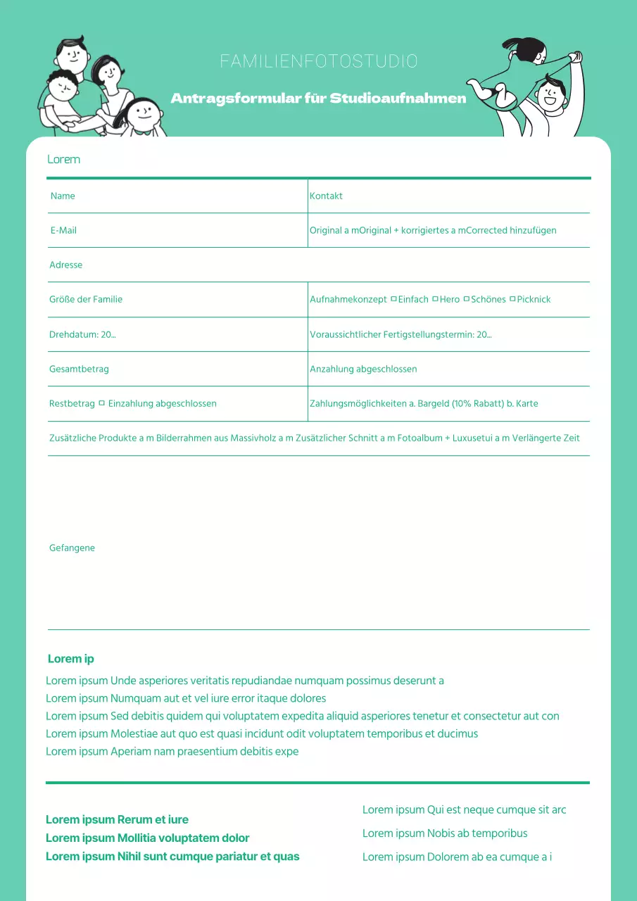 Bewerbungsformular für ein mintfarbenes Illustrationsstudio-Shooting