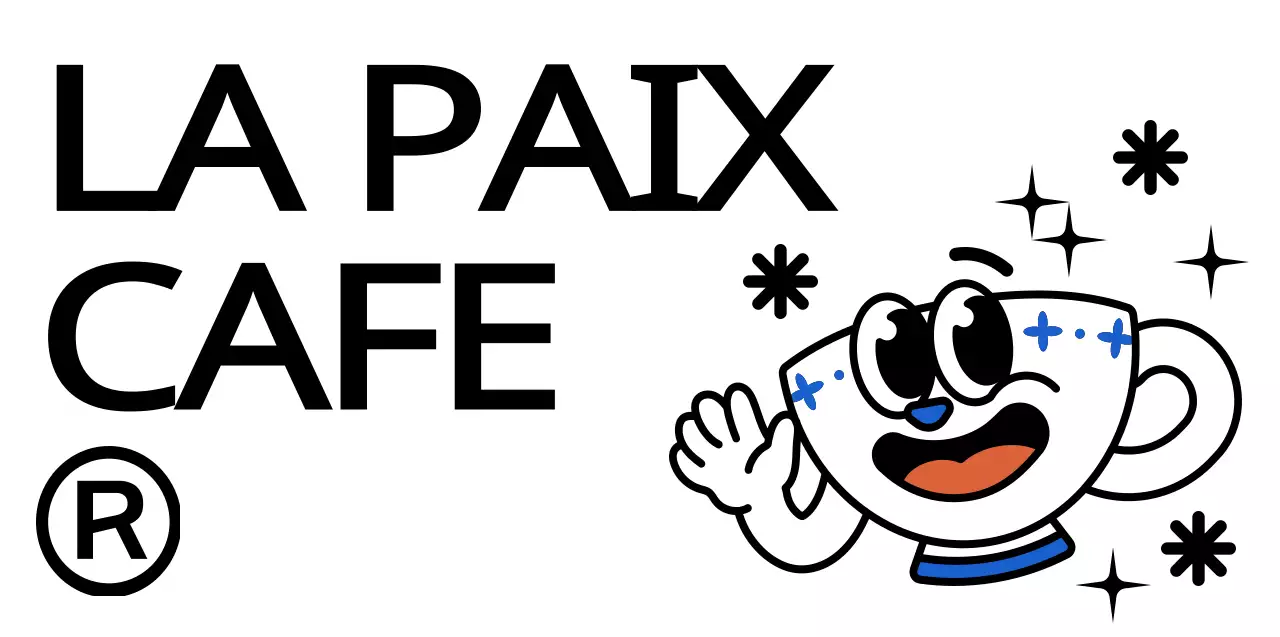 Combinaison de caractères et de textes en noir et bleu pour une tasse à café mignonne et branchée. Logo pour la promotion d'un café et la promotion d'une entreprise.