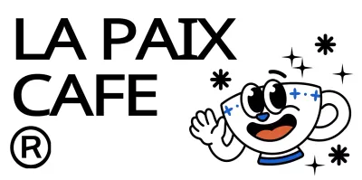 Combinaison de caractères et de textes en noir et bleu pour une tasse à café mignonne et branchée. Logo pour la promotion d'un café et la promotion d'une entreprise.