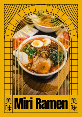 Oosters patroon ramen restaurant menu poster in geel en zwart