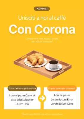 Una simpatica illustrazione gialla in 3D di un caffè che annuncia un cambio di orario di apertura