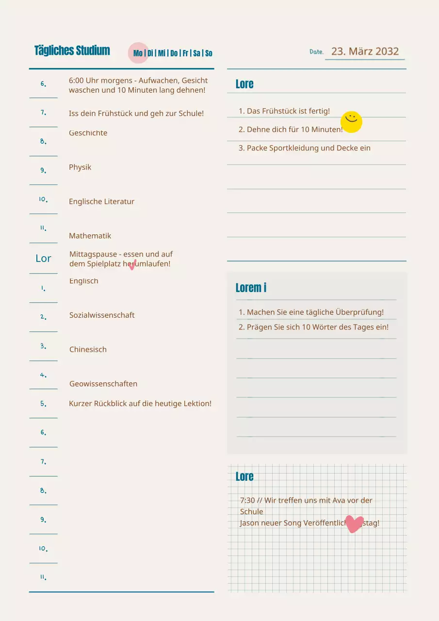 Formatierung des täglichen Studienplans in Petrol und Braun