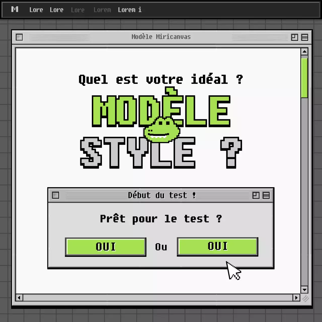 Test psychologique sur navigateur rétro en gris et vert