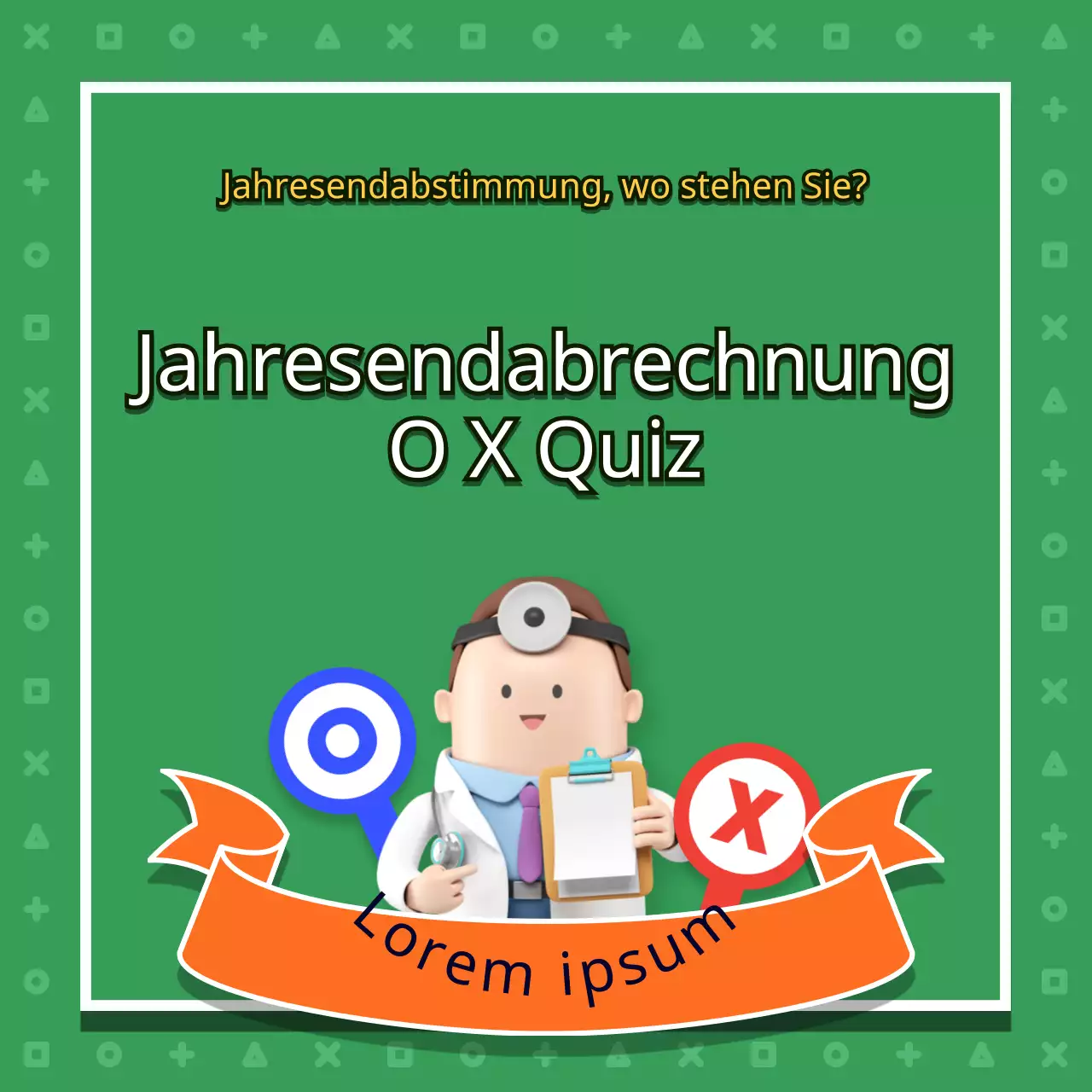 Steuerquiz zum Jahresende mit niedlichen, grünen Illustrationen