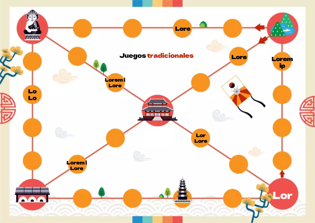 Icono de patrimonio cultural limpio motorizado rojo y naranja cartel web de juegos tradicionales