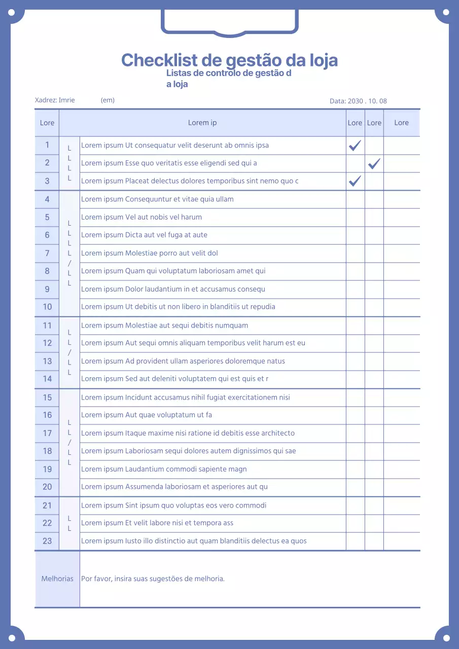 Lista de controlo de gestão da loja em estilo prancheta azul