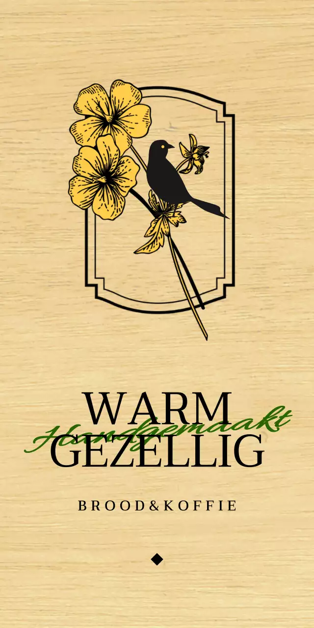 Emotioneel bakkerijcafé-ontwerp met zwarte en gele bloem- en vogelillustraties