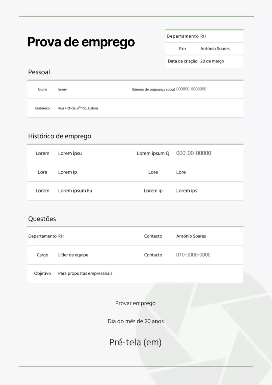 Um documento de prova de serviço simples, de cor chartreuse