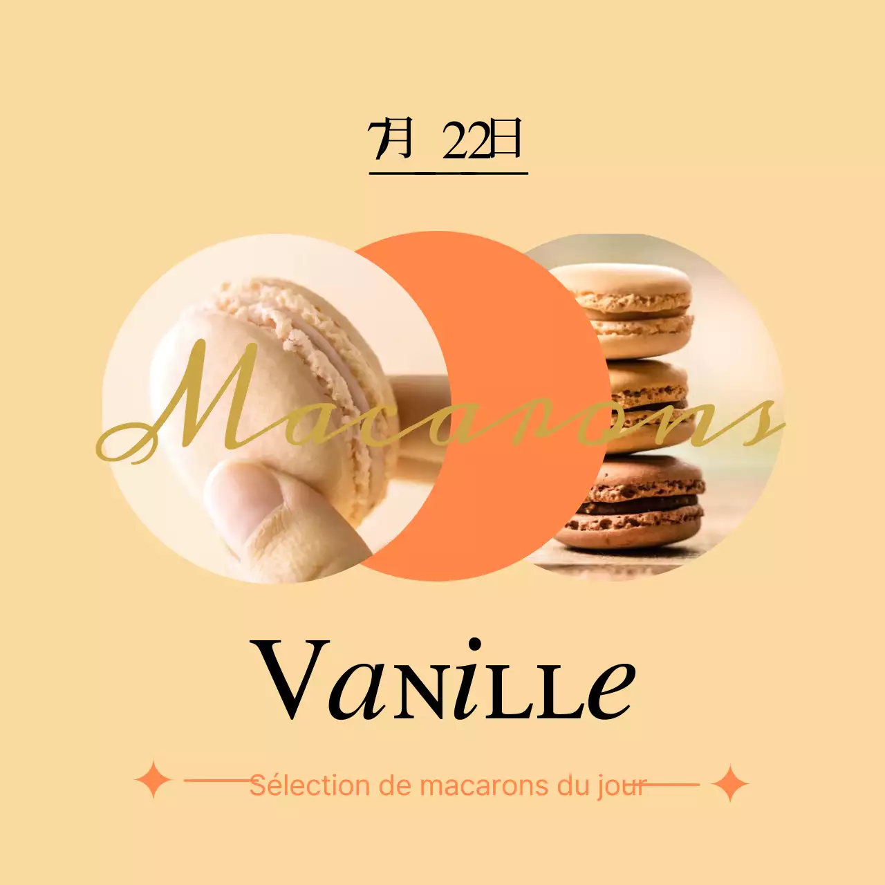 La gamme de macarons d'aujourd'hui est composée de macarons aux accents orangés sur fond de vanille douce.