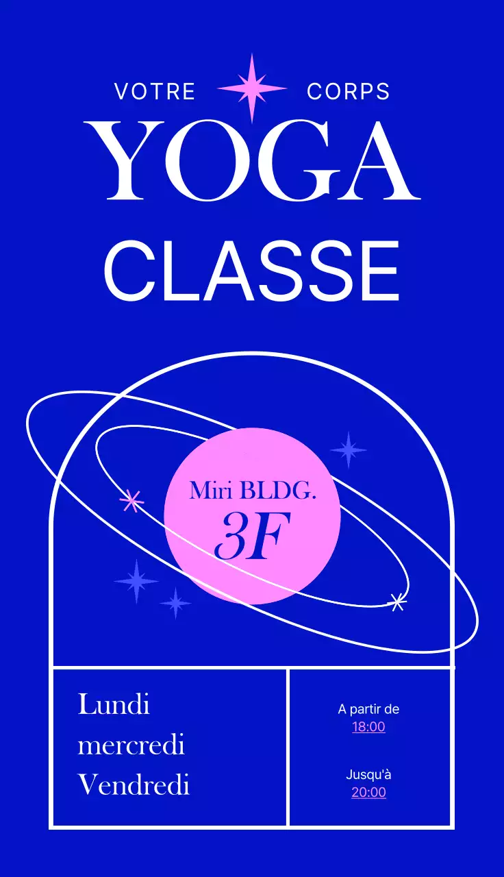 Une enseigne branchée pour un studio de yoga avec un texte coloré et des illustrations au trait de formes et de cours.