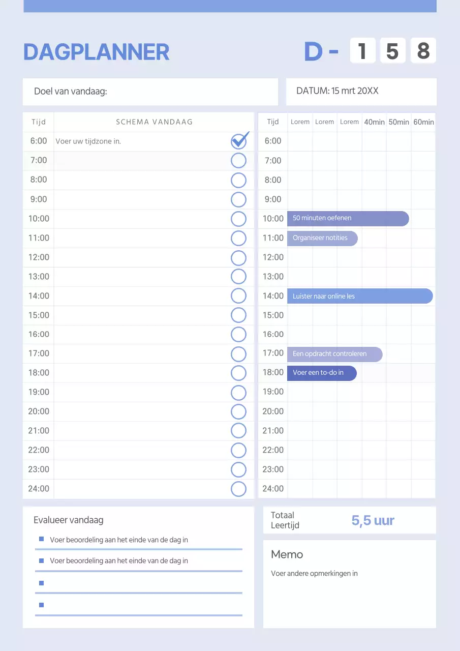 Nette blauwe dagplanner documentatie