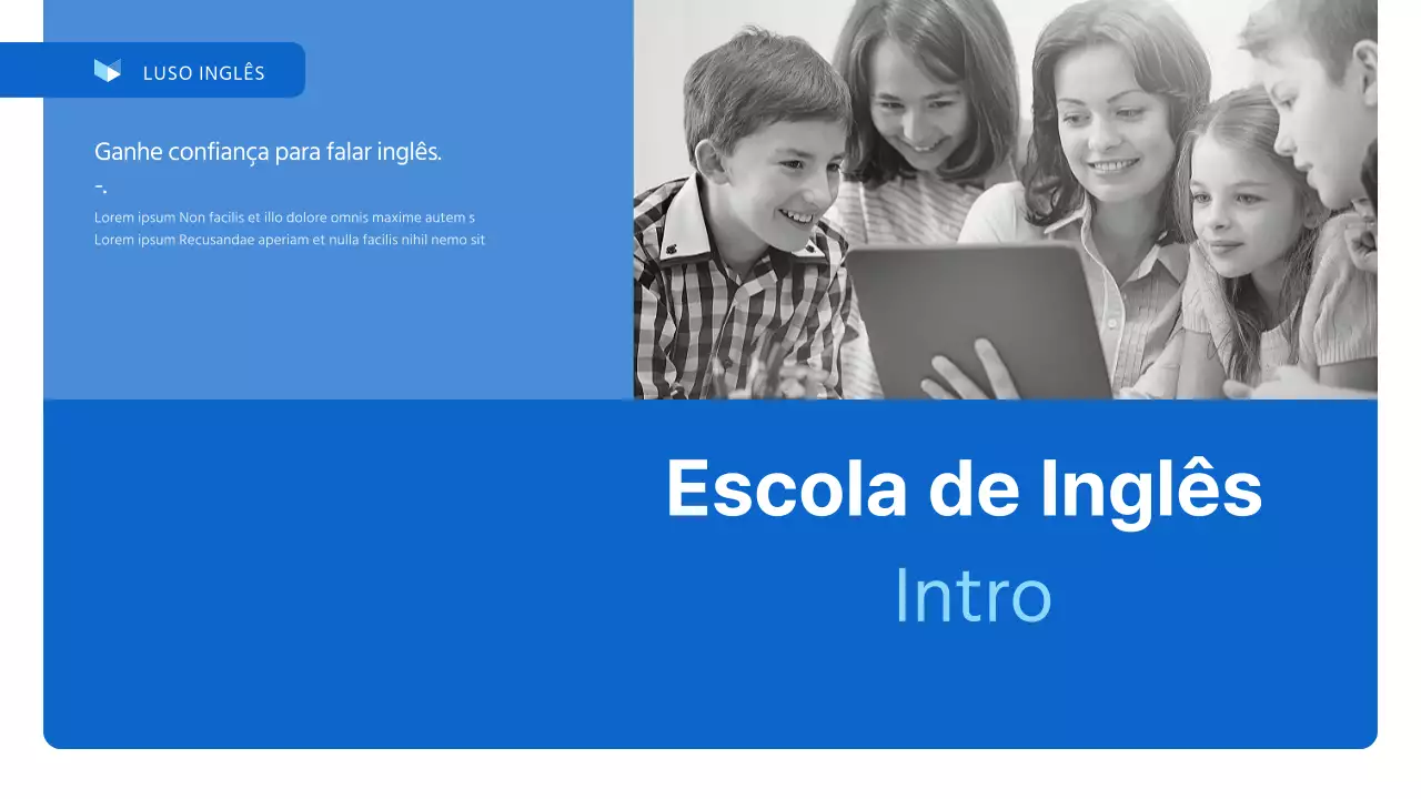 Um prospeto comercial simples, azul e branco, para uma escola de inglês