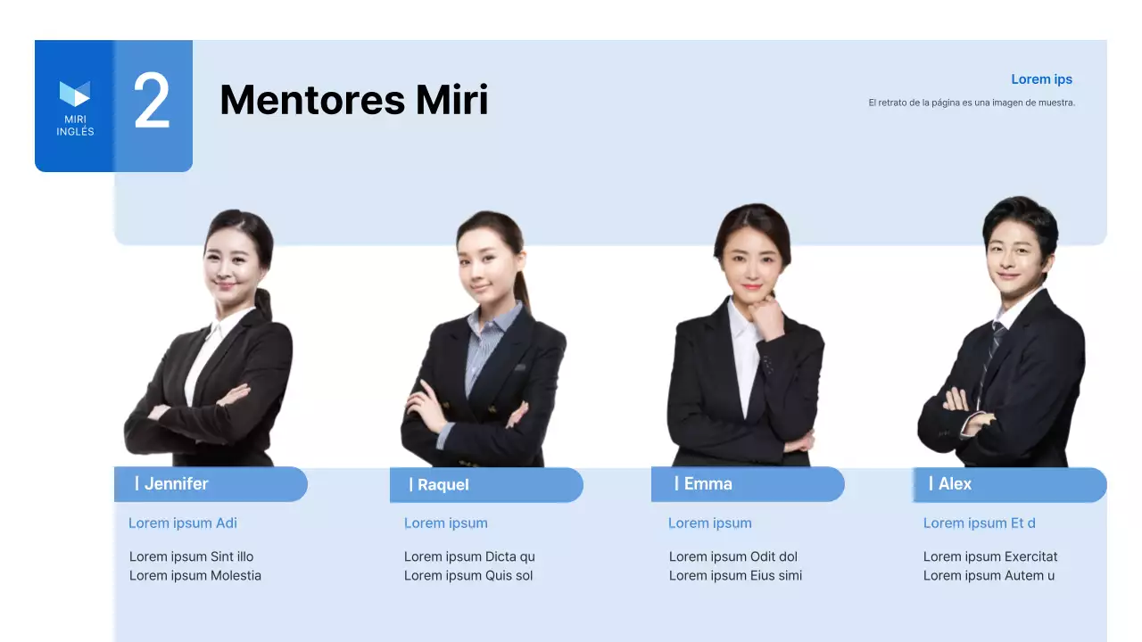 Un sencillo folleto comercial azul y blanco para una escuela de inglés