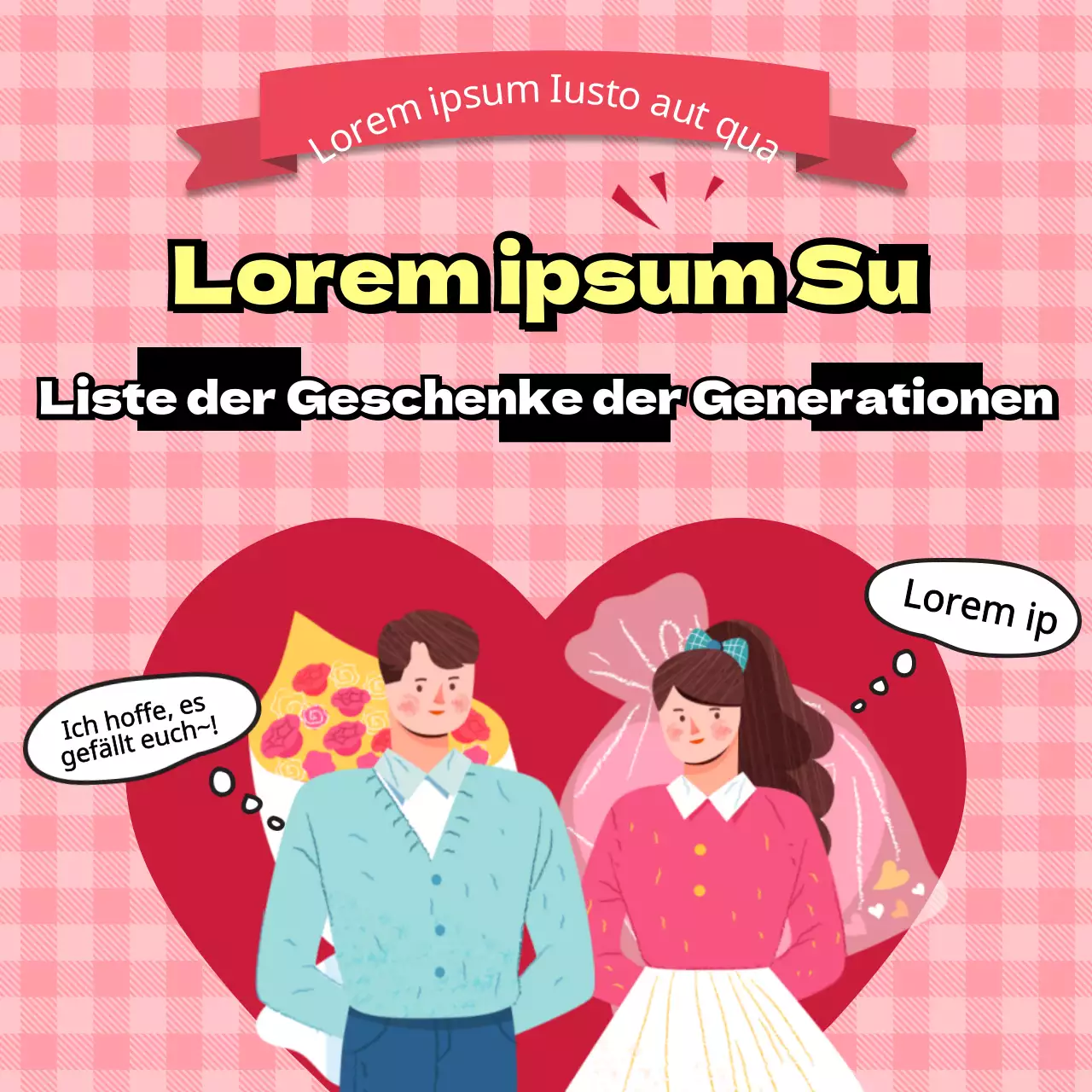 Geschenkübersicht mit Illustration von Liebenden auf kariertem Hintergrund CardNews