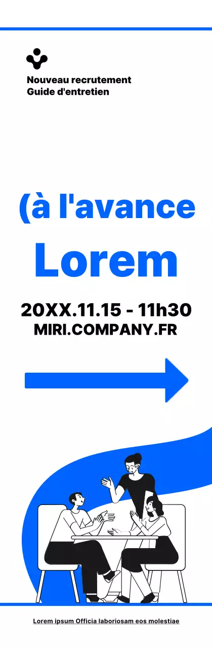Illustration simple en bleu et noir indiquant les directions à suivre pour se rendre à l'entretien de recrutement