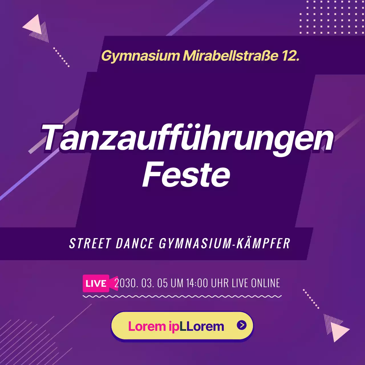 Online-Live-Stream einer Tanzaufführung mit violetten grafischen Elementen
