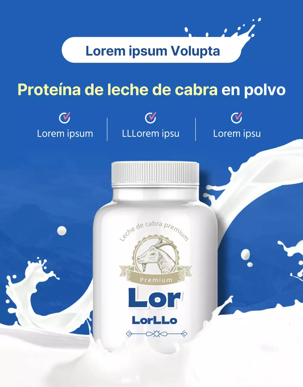 Anuncio de proteínas de leche de cabra en polvo azules y naturales para la salud