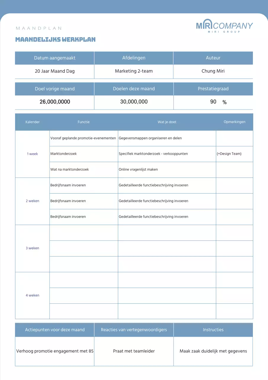 Een strak, blauwgekleurd maandelijks werkplan