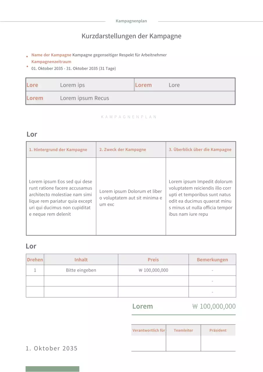 Kampagnenplan in grüner Farbe mit brauner tabellarischer Formatierung