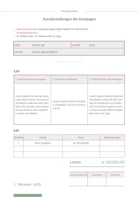 Kampagnenplan in grüner Farbe mit brauner tabellarischer Formatierung