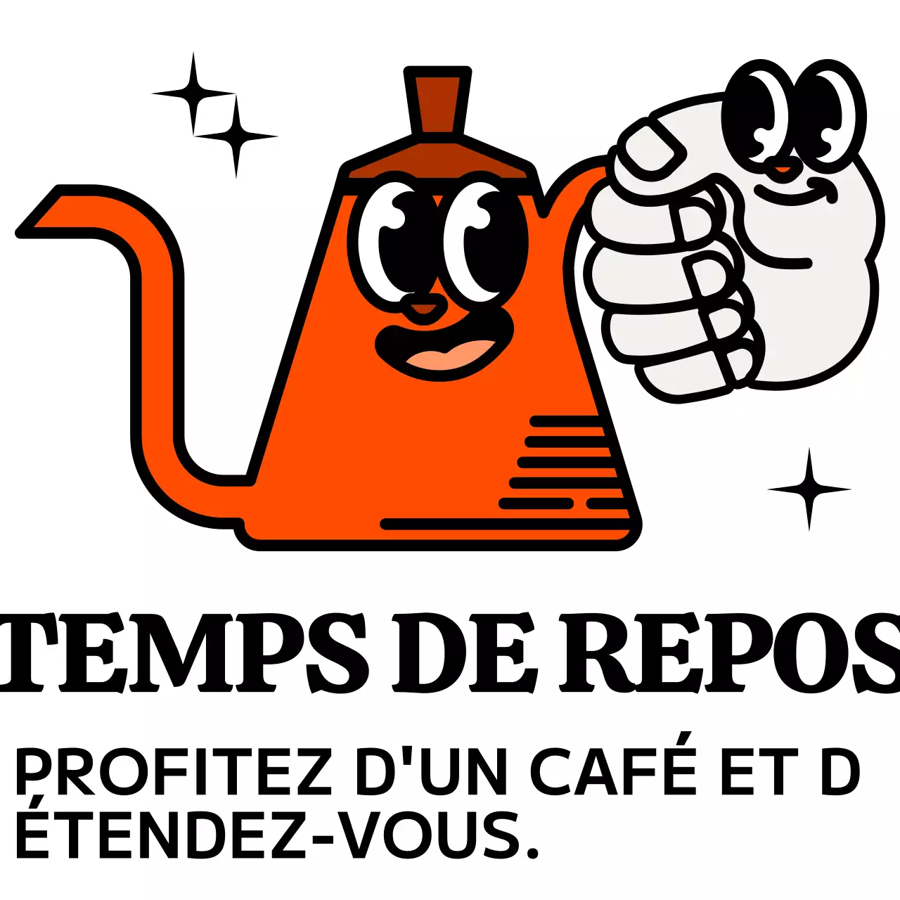 Combinaison de caractères et de textes en noir et rouge pour une cafetière mignonne et branchée. Logo pour la promotion de cafés.