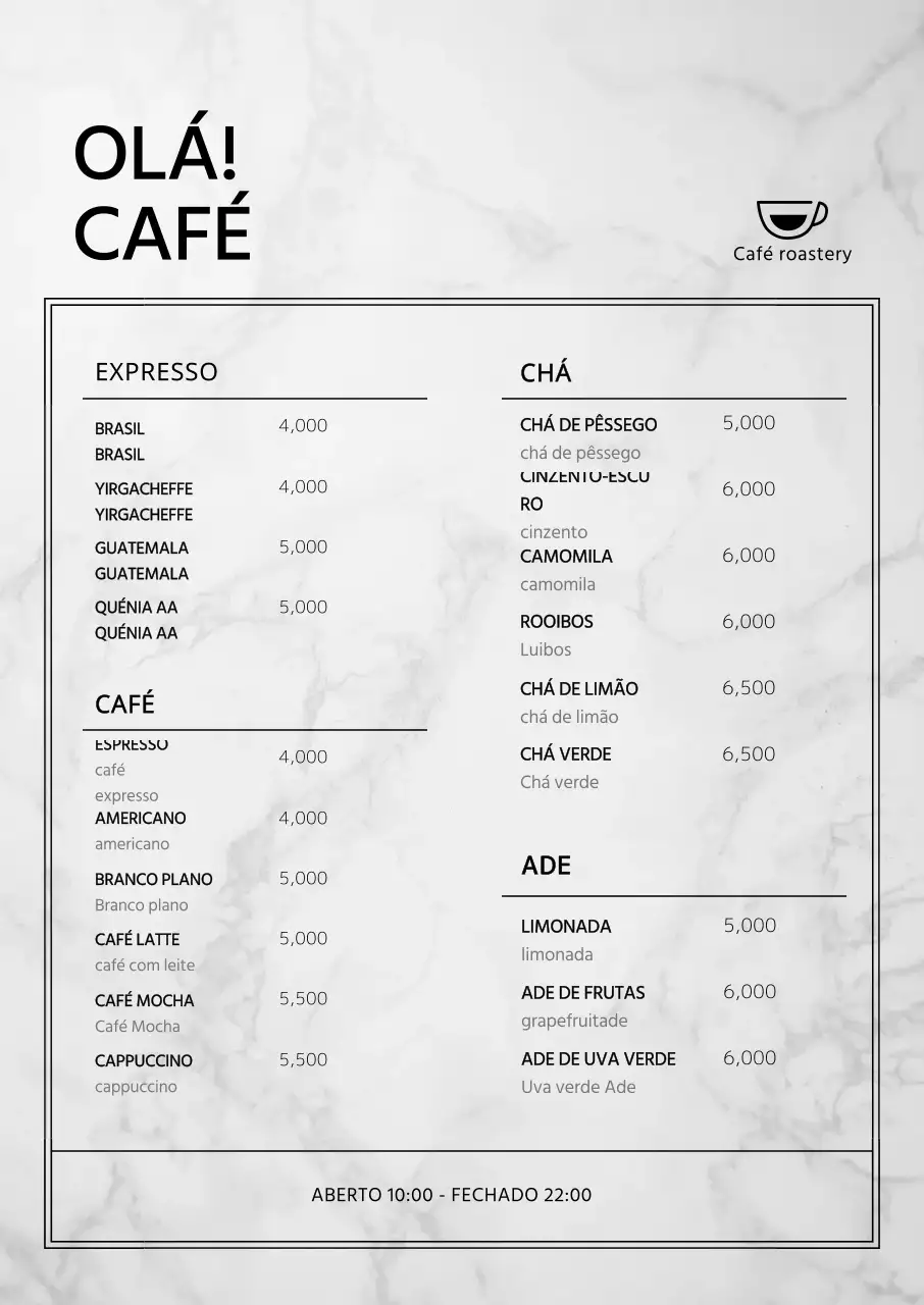 Quadro de menu de café vertical com conceito de mármore
