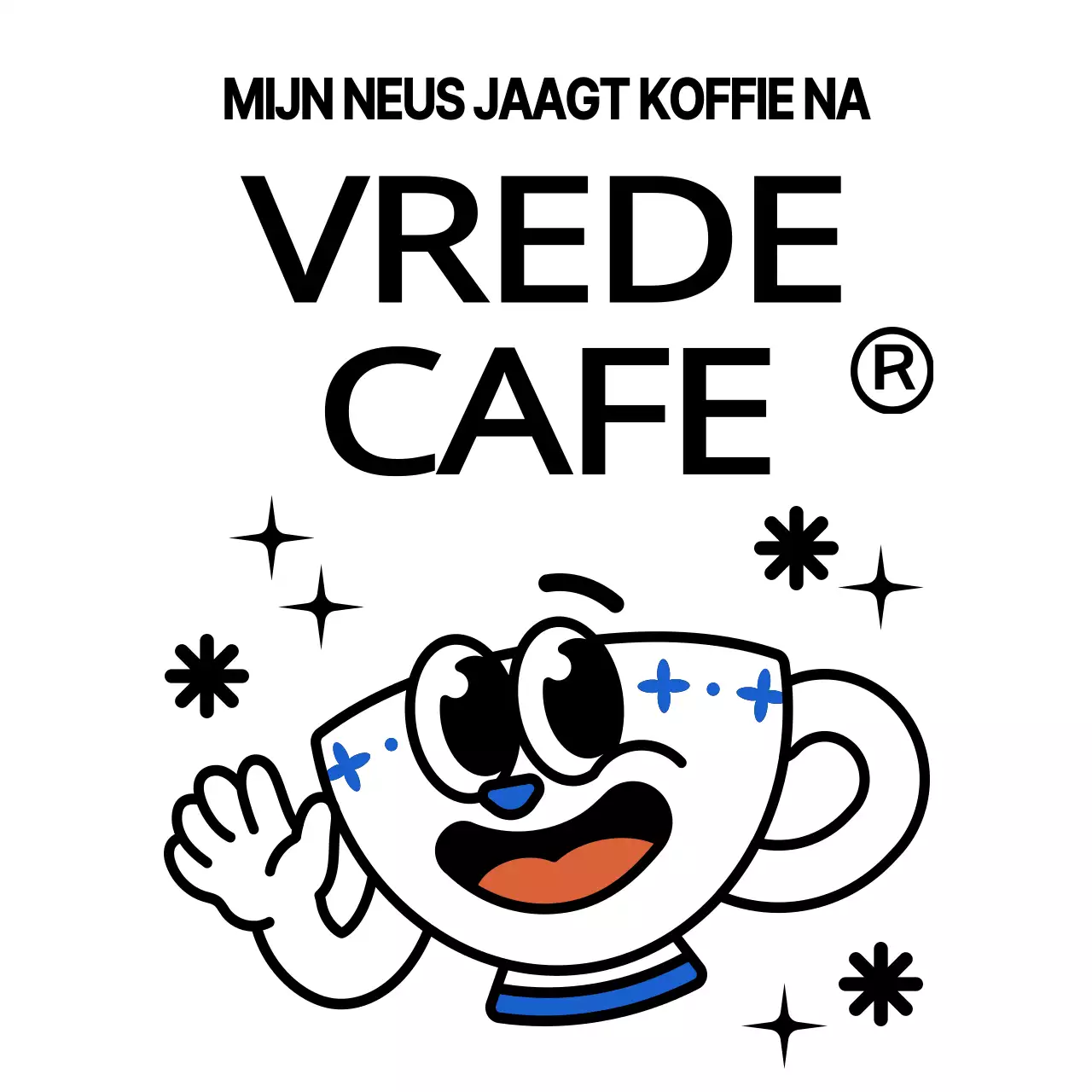Leuke en hippe koffiekop karakter en tekst combinatie in zwart en blauw Logo stijl voor cafe promotie en promotie