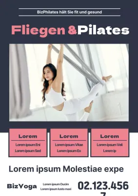 Saubere Werbung für eine Pilates-Schule mit einem Foto einer Frau, die Flying Yoga in Marineblau und Rosa macht.