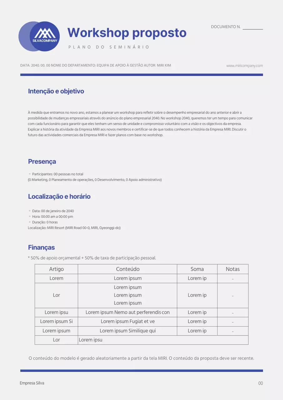 Modelo simples de documento de proposta de workshop em azul e cinzento claro