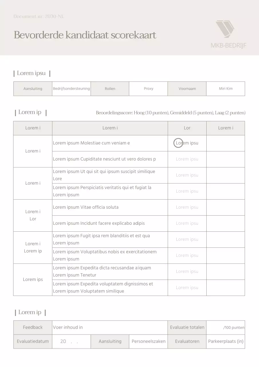 Beige, schoon beoordelingsformulier voor promotiekandidaten